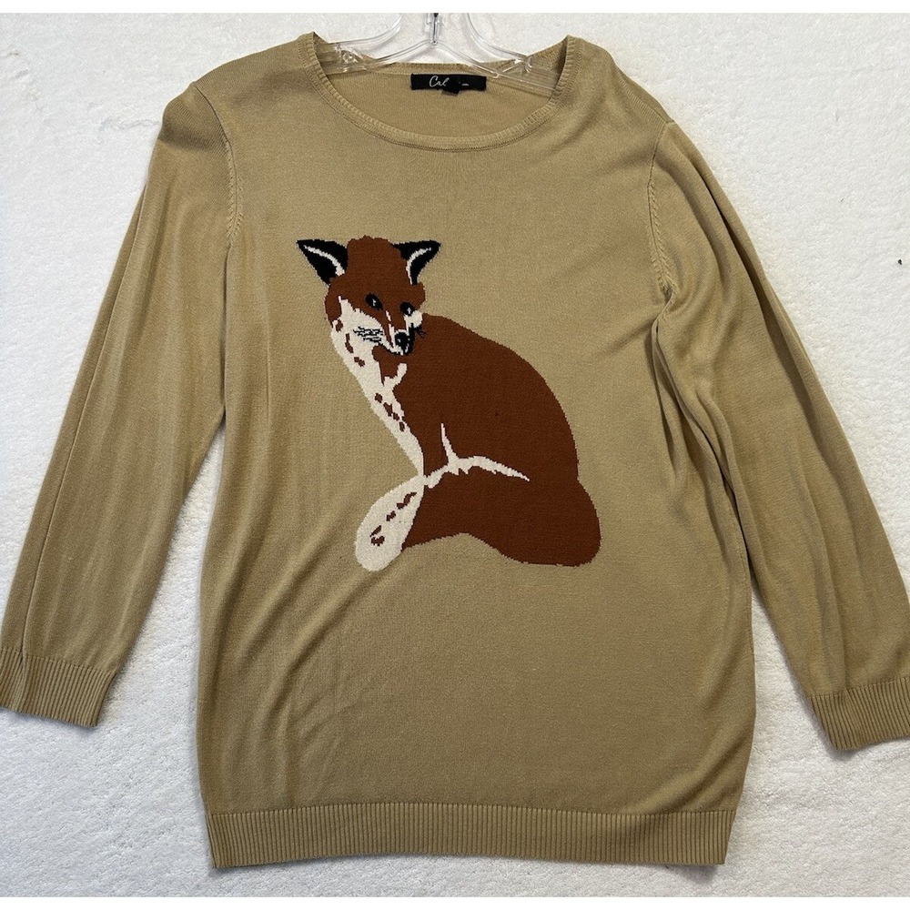 Calessa Womens Size M Beige Long Sleeve Fox Print Scoop Neck Top (M8)